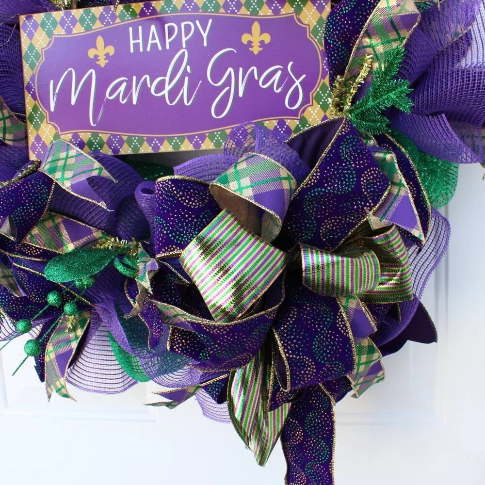 Mardi Gras Wreath for Front Door, Fat Tuesday Decor, Fleur de Lis Decor, Happy M